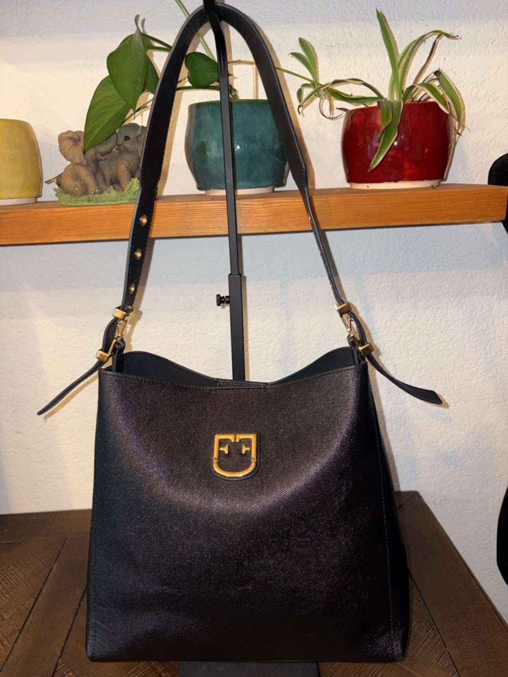 Furla Black Pebbled Leather Shoulder Bag Gold Hardware